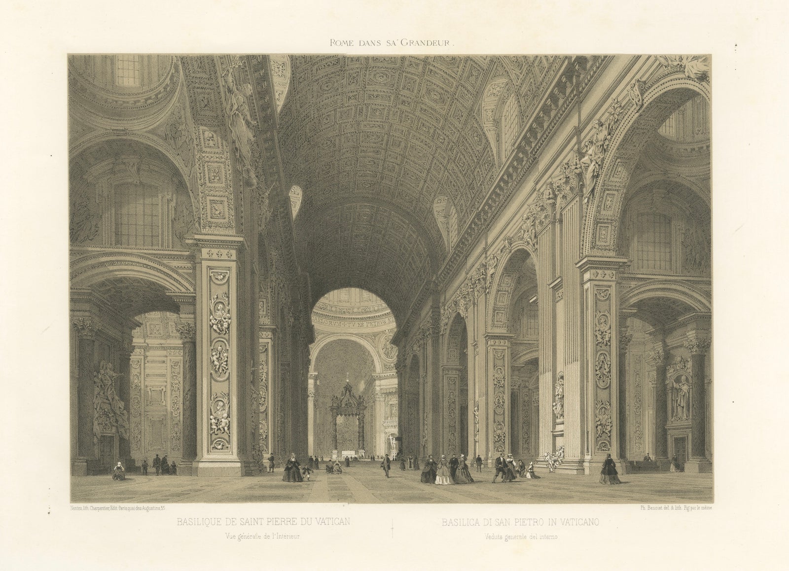 Interior of St. Peter’s Basilica Vatican Rome, Benoist Lithograph 1869