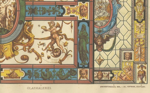 Italian Renaissance Stained Glass Design Print from Ornamentenschatz, 1887, close-up 1