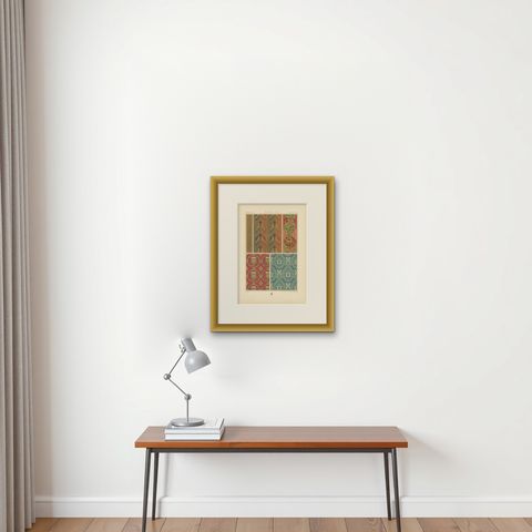 Pl. 53 Antique Print of Middle Ages Design from Textiles by Racinet, circa 1890, shown framed on a wall, true to size