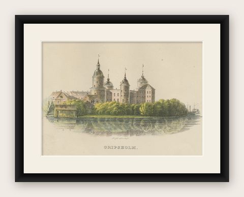 Antique Print of Gripsholm Castle in Stockholm, Sweden, c.1864, shown framed