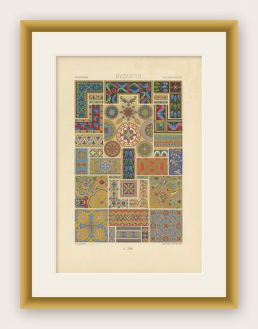 Pl. 31 Antique Print of Byzantine Ornaments by Racinet, circa 1890, shown framed