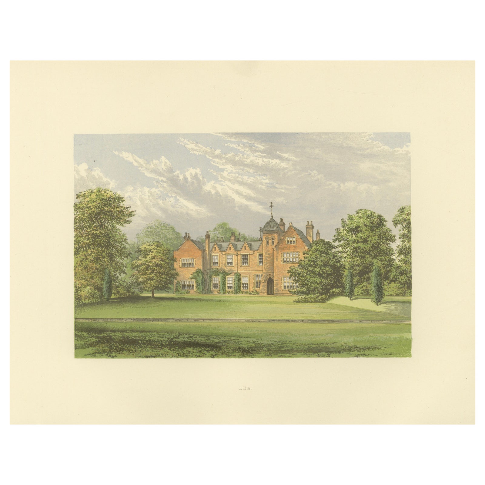 Lea Country House View, Victorian English Estate Landscape Engraving, c.1850