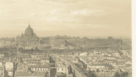 St Peter’s Basilica and Vatican Palace Panorama, Rome, Benoist 1869 Lithograph, close-up 5
