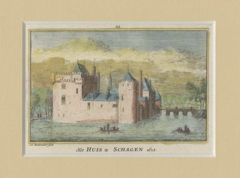 Antique Handcolored Castle Print of 'Huis te Schagen' in The Netherlands, c.1730, close-up 1