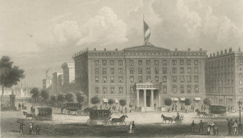 Astor House New York, Antique Broadway Hotel Steel Engraving 1850s, close-up 2