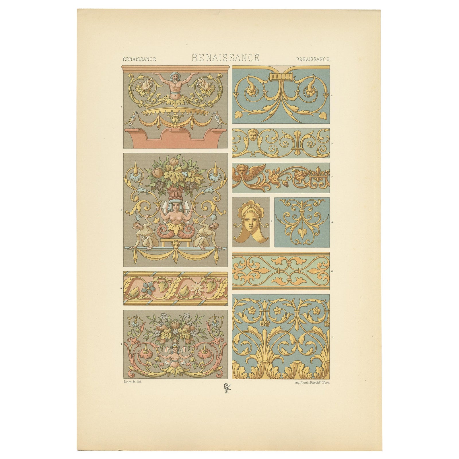 Pl. 95 Antique Print of Renaissance Ornament from Flemish, Racinet 'circa 1890'