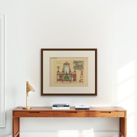 Pl. 17 Antique Print of a Sofa and Furniture by Kramer 'circa 1910', shown framed on a wall, true to size