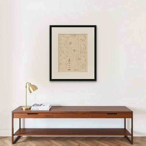 Antique Print of Furniture Details by Kramer, circa 1910, shown framed on a wall, true to size