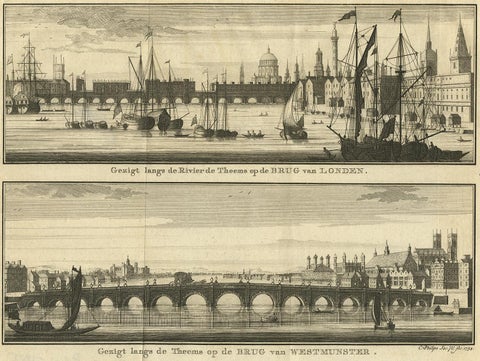 Antique Print with Views of the London Bridge and Westminster Bridge, 1754, view 2