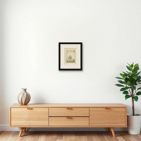 Antique Print of the Triumphal Arch of Guangzhou by Chedel, 1746, shown framed on a wall, true to size