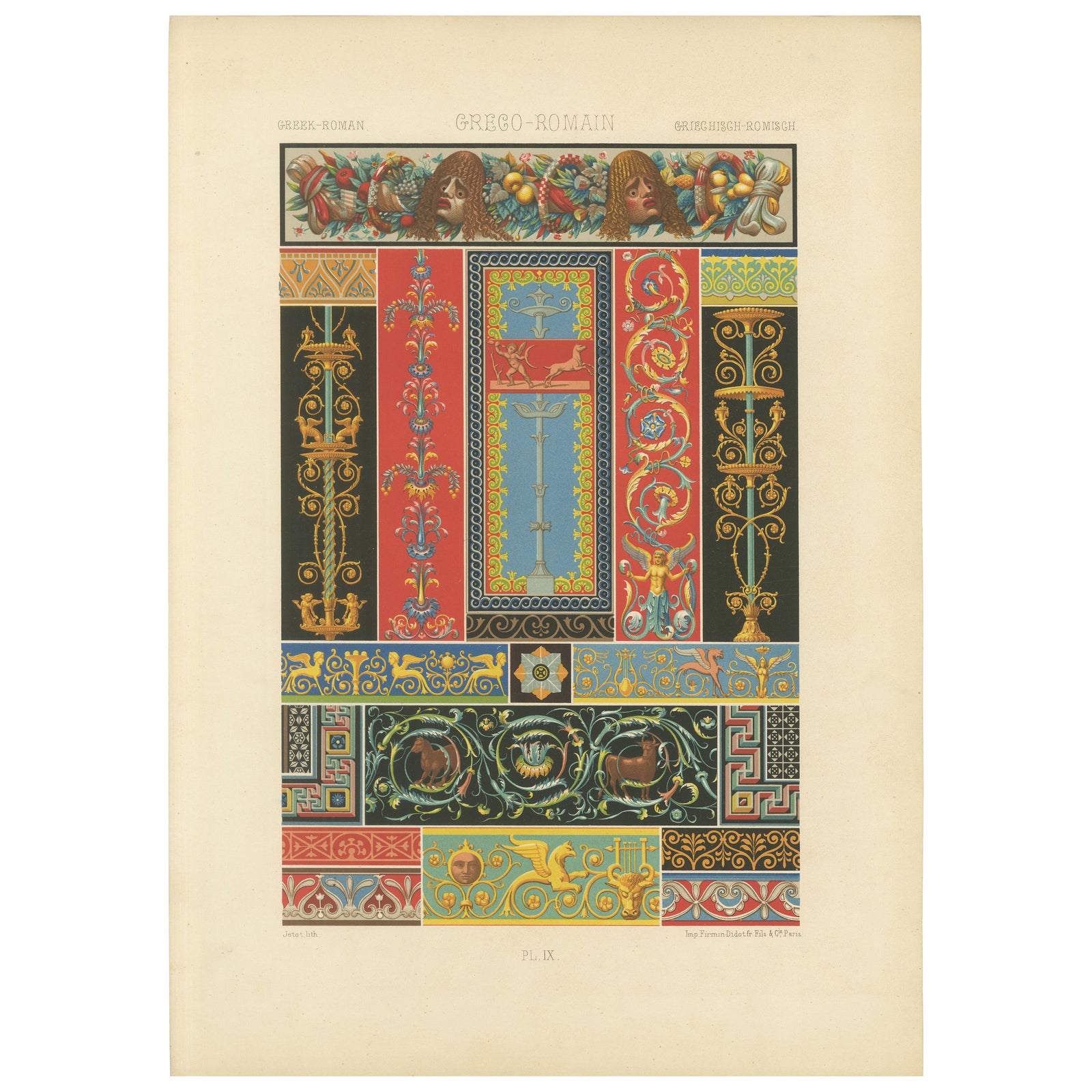 Greek-Roman Ornament Print, Classical Decorative Motifs & Borders, c.1869