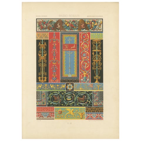 Greek-Roman Ornament Print, Classical Decorative Motifs & Borders, c.1869
