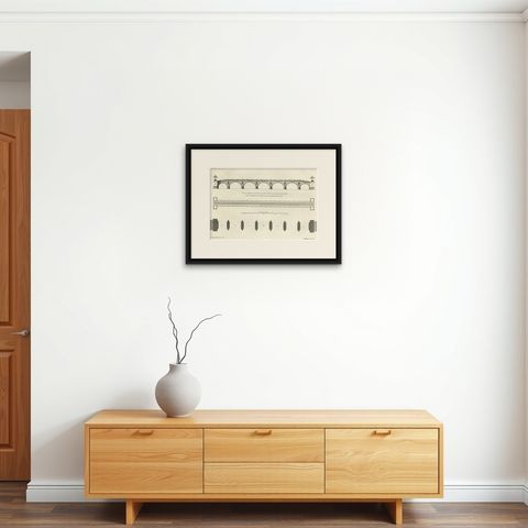 Antique Design for a New Bridge Across the Thames at Westminster, London, 1725, shown framed on a wall, true to size