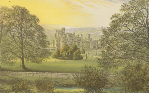 Ilam Hall Gothic Revival Estate View, English Country House Engraving, c.1850, close-up 1