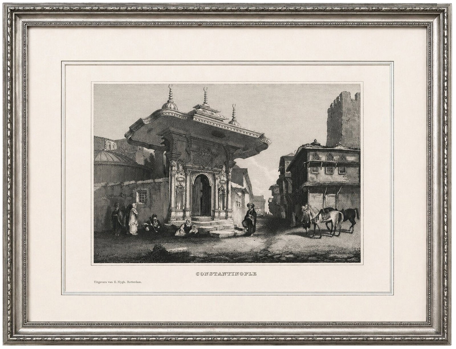 Constantinople Street Scene, Antique Print, Ottoman Fountain, 1850