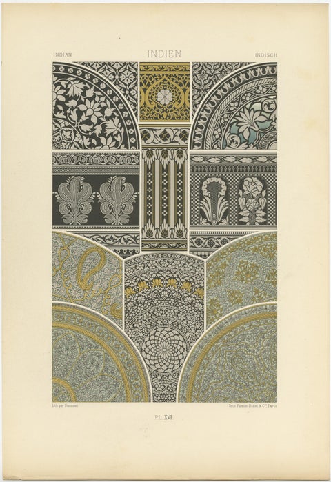 Pl. 16 Antique Print of Indian Ornaments by Racinet, circa 1890, view 4