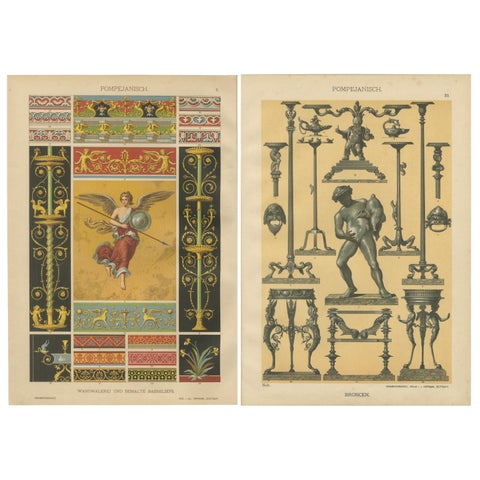 Antique Pompeian Wall Painting and Bronze Design Prints, Italy-Inspired, 1887