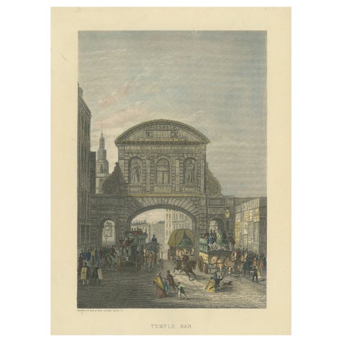 1829 Etching of Temple Bar in Bustling Regency London