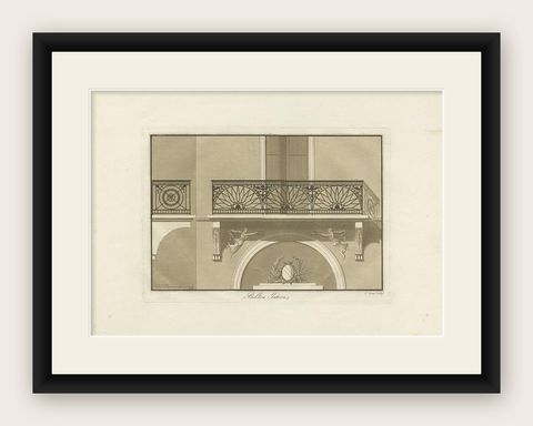 Antique Print of the Architecture of a Balcony by Spiegl, circa 1730, shown framed