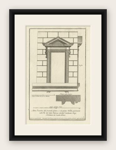 Old Architectural Engraving of a Window of Palazzo Chigi, Rome, ca.1710, shown framed