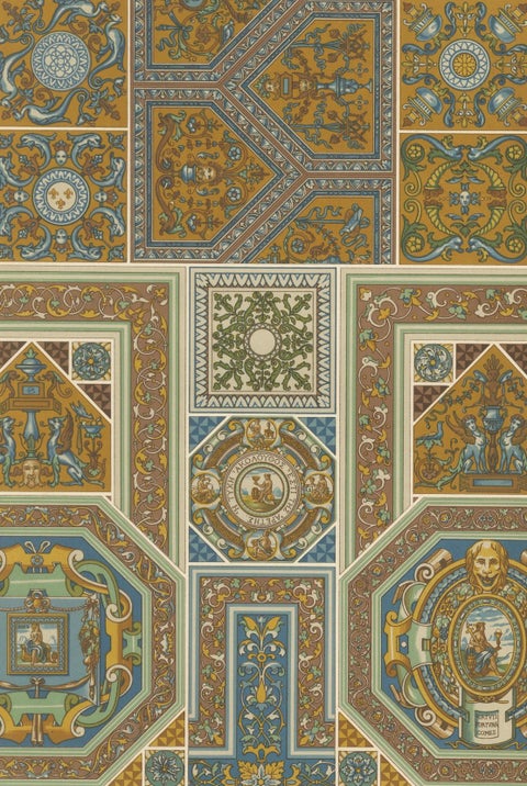 Renaissance Ceiling Designs, Antique Architectural Print, Plate LX, 1869, close-up 5