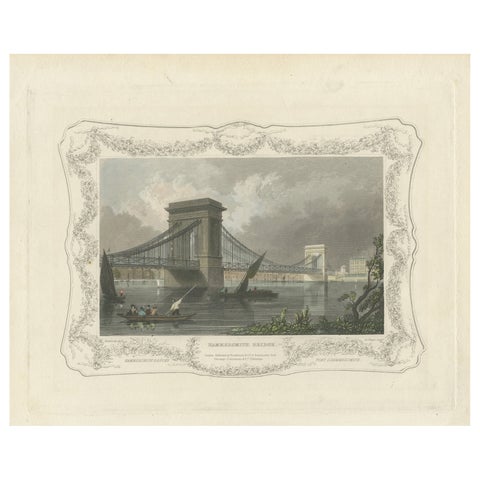 1828 Aquatint Vista of Hammersmith Bridge Over the Thames