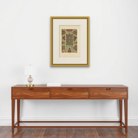 Pl. 72 Antique Print of XVIth and XVIIth Century Ornaments by Racinet (c.1890), shown framed on a wall, true to size
