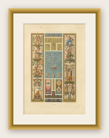 Renaissance Ornament Panel with Mythological Figures & Scrollwork, ca. 1869, shown framed