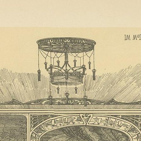 Antique Print of a Salon with Bay Window, circa 1910, close-up 1