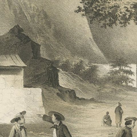 Old View of The Ancient Castle of Nagagusko, Ryukyu Islands, Japan, 1856, close-up 2