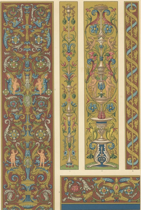 Renaissance Scrollwork with Cherubs & Grotesques, Classical Ornament, 1869, close-up 6