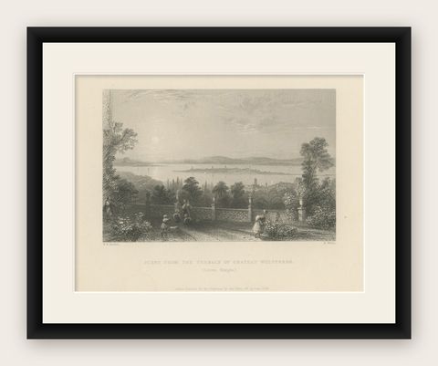 Antique Print of the Terrace of Château Wolfsberg, Switzerland, 1836, shown framed