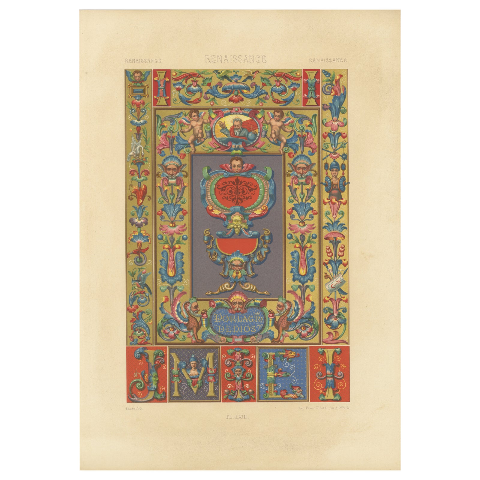 Renaissance Ornament Print, “Por la Gracia de Dios” with Cherubs & Scrollwork