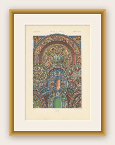 Pl. 67 Antique Print of Renaissance Ornaments by Racinet, circa 1890, shown framed