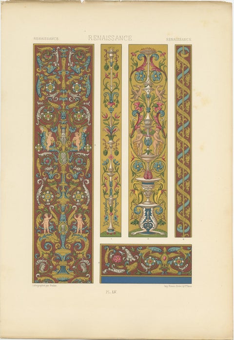 Pl. 55 Antique Print of Renaissance Ornaments by Racinet, circa 1890, view 2