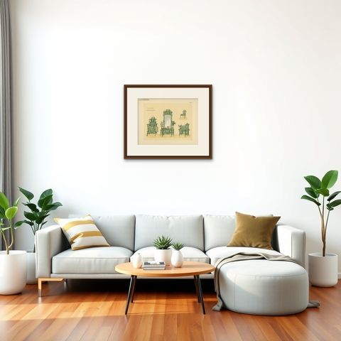 Pl. 13 Antique Print of Salon Furniture by Kramer, circa 1910, shown framed in a room, true to size