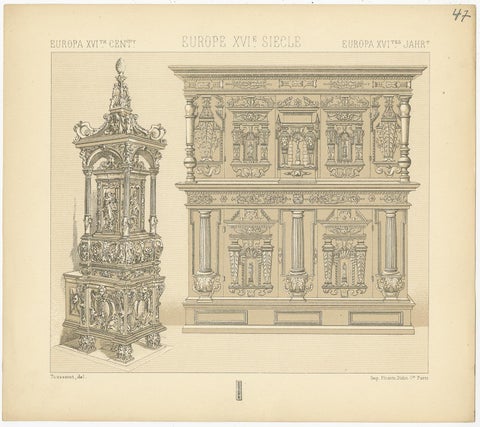 Pl. 47 Antique Print of European XVIth Century Decorative Objects by Racinet, view 4