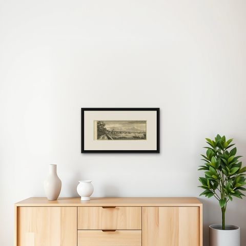 Antique Print of the Somerset House Overlooking the Thames River, London., shown framed on a wall, true to size