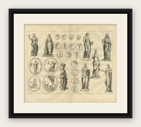 Roman Female Statues and Medallions, Montfaucon Antiquarian Engraving, 1721, shown framed