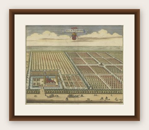 Old Handcolored Print of the Watervliet Estate in East Flanders, Belgium, 1696, shown framed