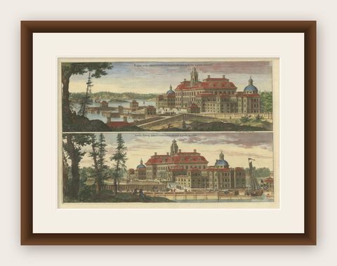 Drottningholm Palace in Sweden: East and West Views by Dahlbergh, 1707, shown framed