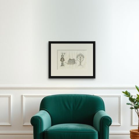 Antique Print of a Candle Holder, Column and Other Objects by Ferrario '1831', shown framed on a wall, true to size