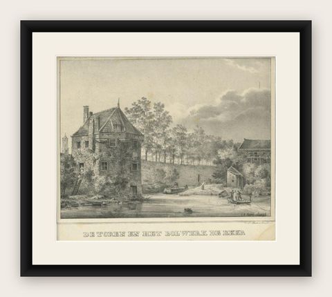 Antique Print of Tower 'de Beer' in Utrecht in The Netherlands, c.1830, shown framed