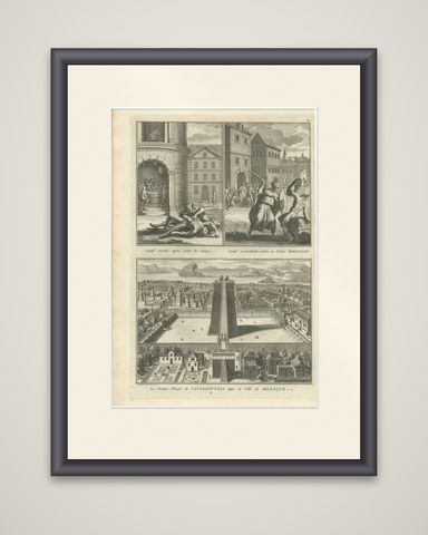 Antique Print of Captives and the Great Temple of Vitsliputsli "Mexico", shown framed