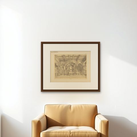Pl. 1 Antique Print of a Hall Design by Kramer 'circa 1910', shown framed on a wall, true to size