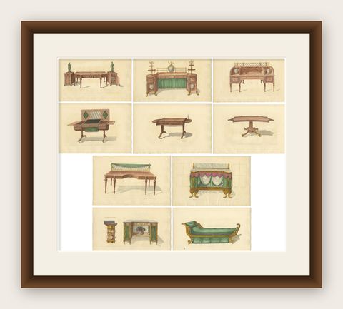 Set of 10 Antique Prints of Various Furniture by Sheraton '1805', shown framed