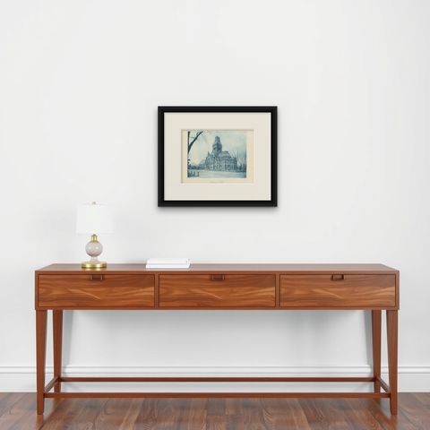 Antique Print of Memorial Hall in Cambridge, '1887', shown framed on a wall, true to size