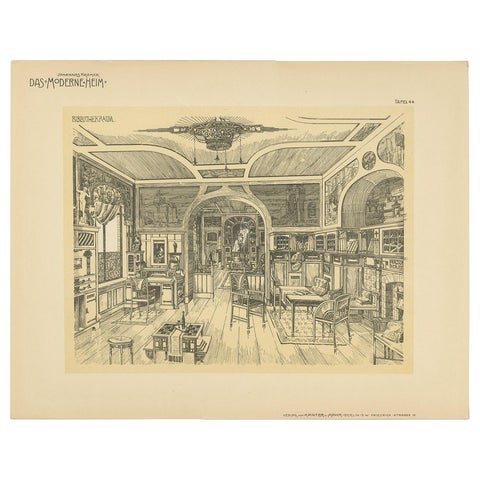 Decorative Antique Print of a Library, Published circa 1910