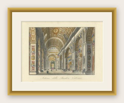 Interno della Basilica Vaticana, Antique Hand-Coloured Interior View (c.1840), shown framed