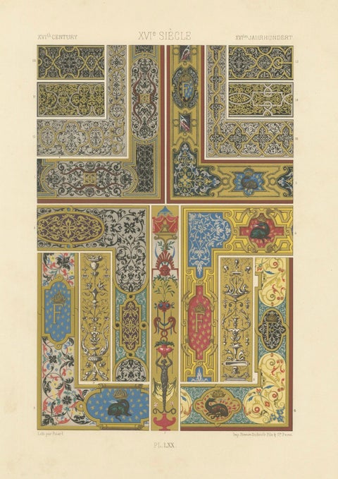 Renaissance Panel Ornament, 16th Century Decorative Design, Plate LXX, 1869, close-up 6